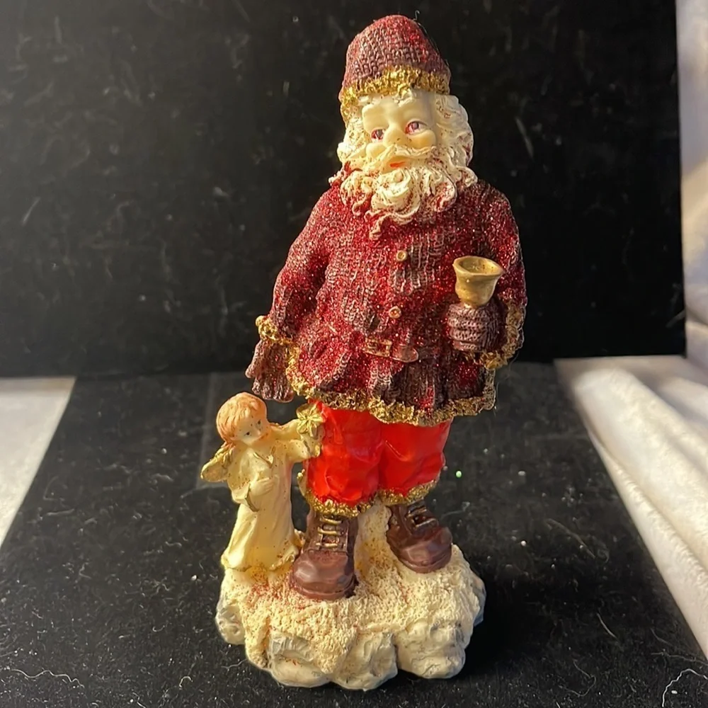Vintage Santa and Child Figurine - Red Glitter Accents